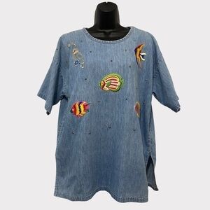 Vintage Tropical Fish Short Sleeve Blue Jean Pullover Shirt One Size Fits Most